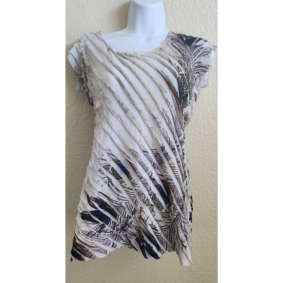 Studio Y Beige Striped Floral Print Rhinestone Top Small Lightweight Soft - Picture 1 of 5
